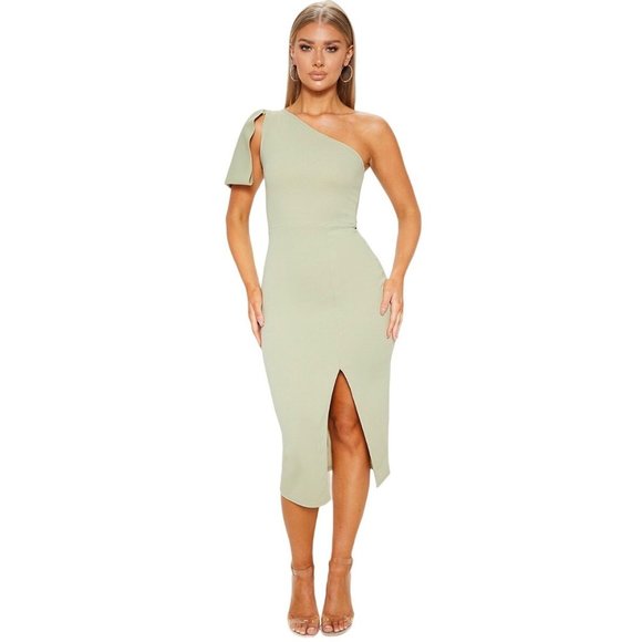 Pretty Little Thing Sage Green One Shoulder Bow Detail Midi Dress 8 NEW - Picture 2 of 15
